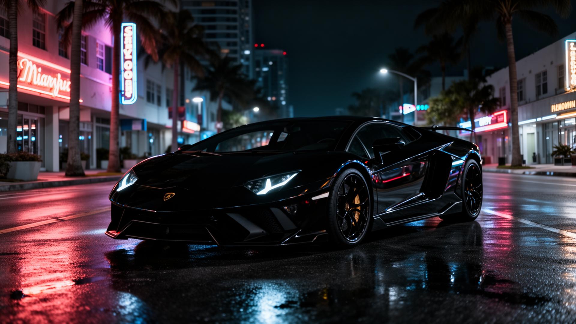 Black exotic supercar at night on a Miami street
